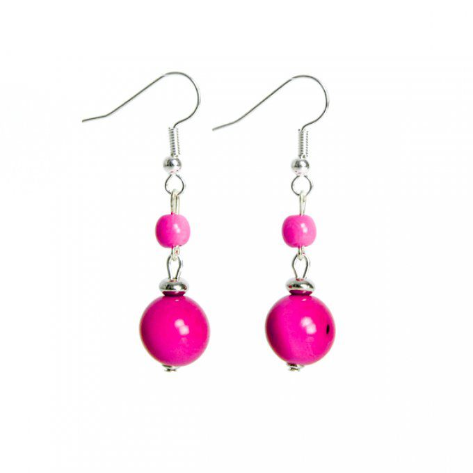 bijou d'oreilles bio ethnique perles en duo rose