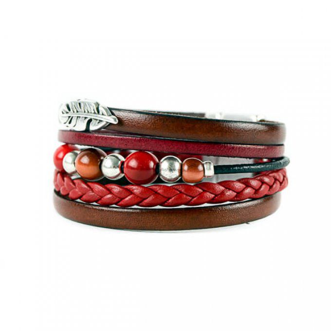 Bracelet en cuir et ivoire végétal rouge et marron