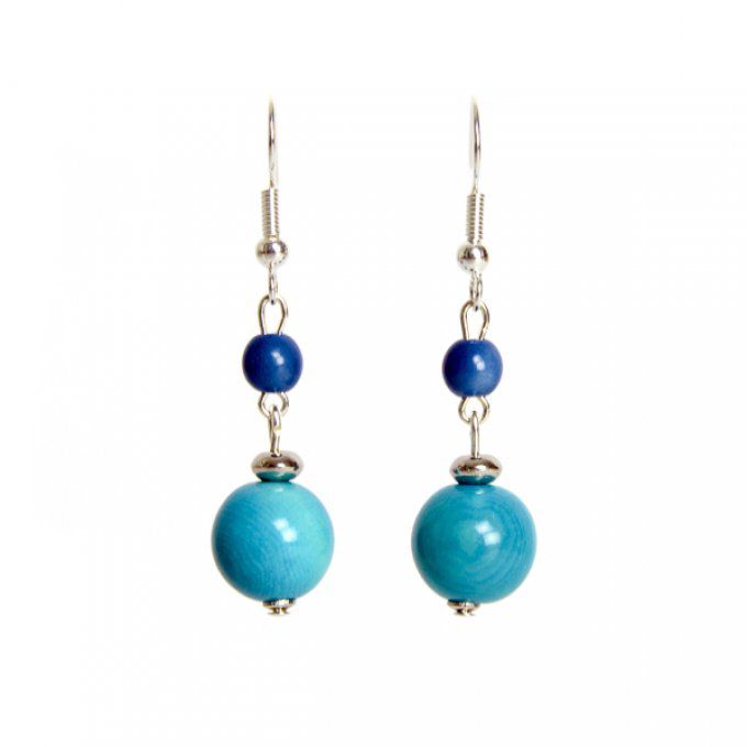 bijou d'oreilles duo de perles en tagua bleu turquoise