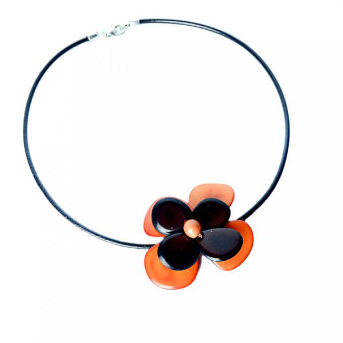 collier fantaisie pendentif fleur orange marron