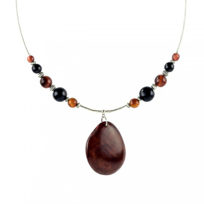 collier ras du cou avec pendentif tagua marron et perles naturelles noir et marron