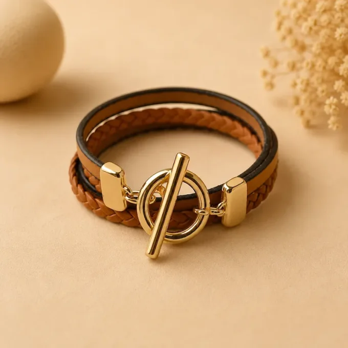 Bracelet cuir Toggle Charm or & camel
