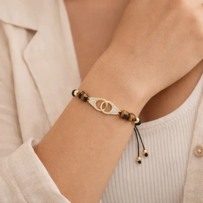 Bracelet Éternel Menottes tressé noir & oeil de tigre
