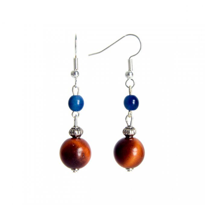 boucles d'oreilles double perles de tagua marron et bleu