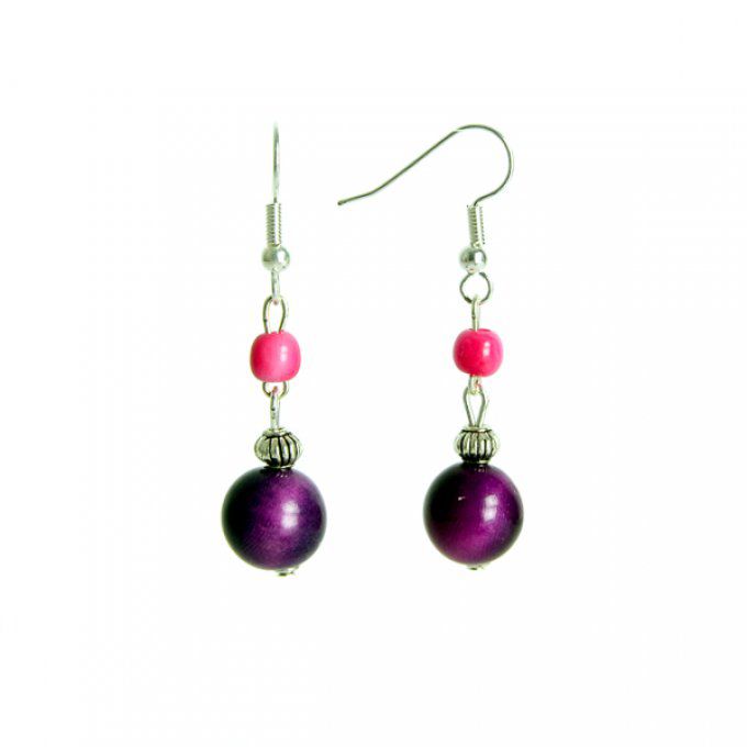 boucles d'oreilles bio ethnique perles naturelles violet et rose