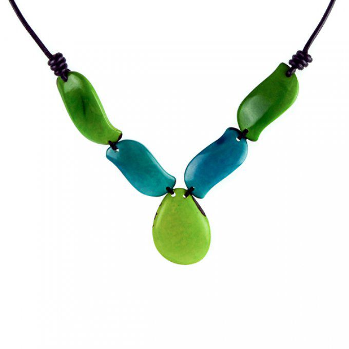 Collier cuir et ivoire végétal vert et turquoise