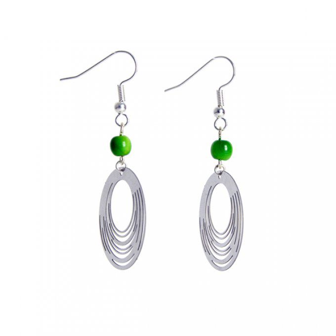 bijou d'oreilles artisanales perles de tagua vert et rond argenté