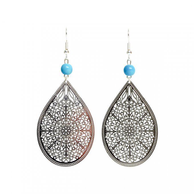 boucles d'oreilles chic argentée grande goutte et perles naturelles turquoises