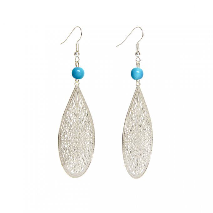 bijou d'oreilles grande goutte et perles en ivoire végétal turquoise