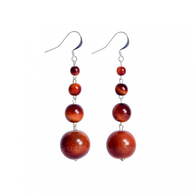 boucles d'oreilles longues avec perles végétal de tagua marron