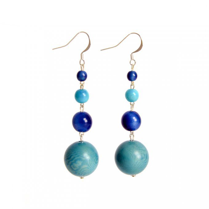 boucles d'oreilles bio-éthique perles pendantes en tagua bleu