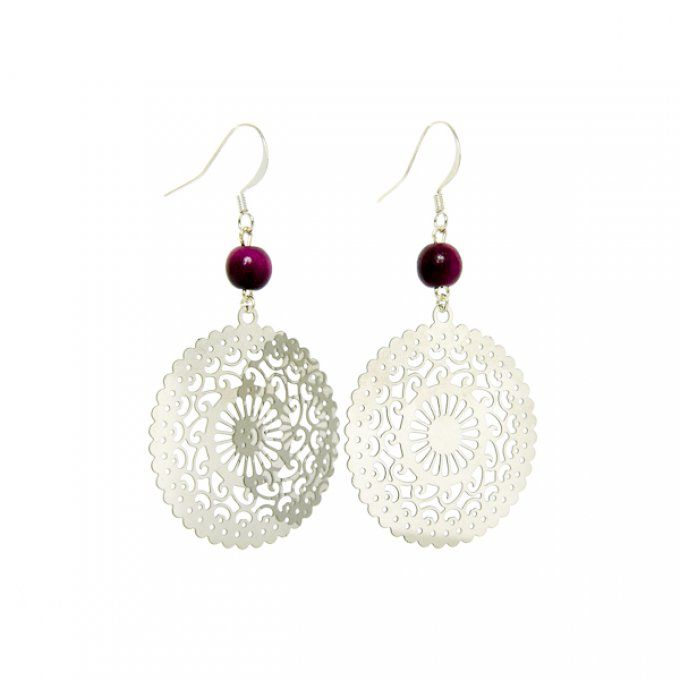 bijou d'oreilles tendance chic et perles en ivoire végétal violet