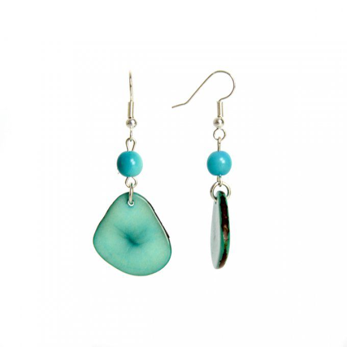 Boucles d'oreilles artisanales en pétales et perles fines de tagua turquoise