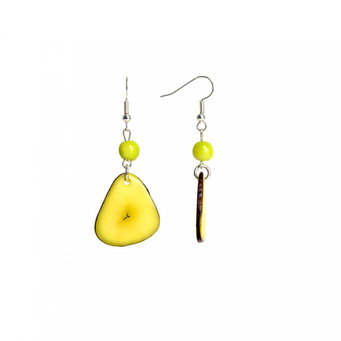 Boucles d'oreilles artisanales en pétales et perles fines de tagua vert citron