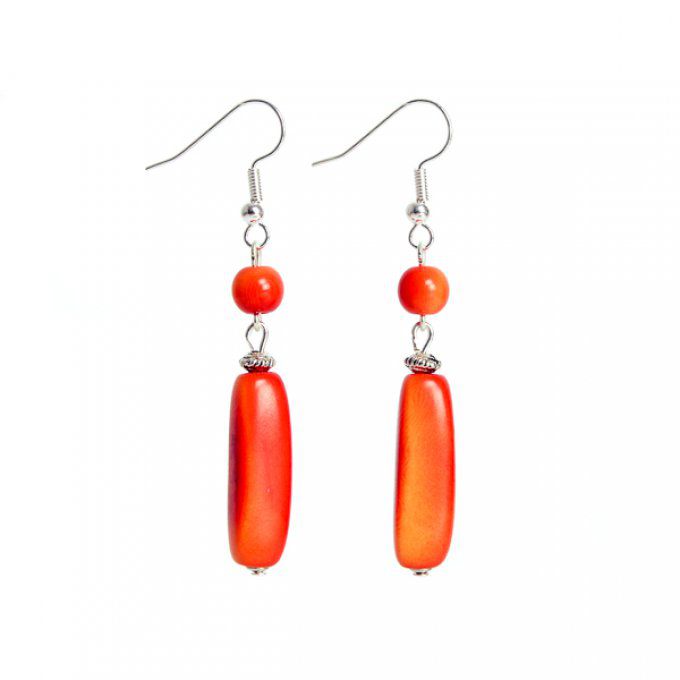 boucles d'oreilles naturelles en ivoire végétal perle et tube orange