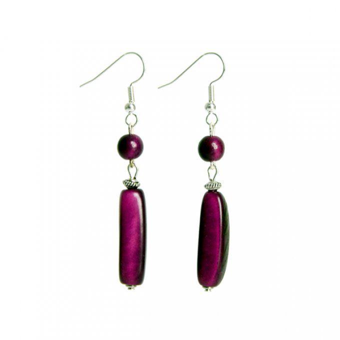 boucles d'oreilles artisanales perles et tubes en ivoire végétal violet pourpre