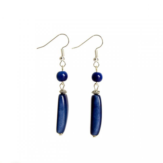 boucles d'oreilles pendantes tube en ivoire végétal bleu foncé