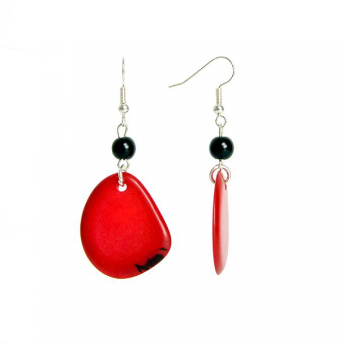 Boucles d'oreilles artisanales en tranches et perles fines de tagua rouge et noir