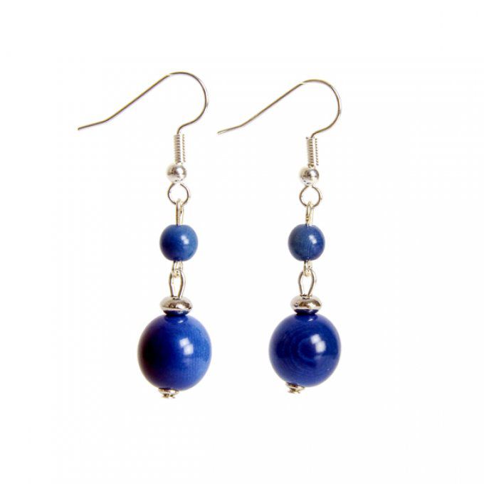 boucles d'oreilles artisanale duo perles bleu foncé en ivoire végétal