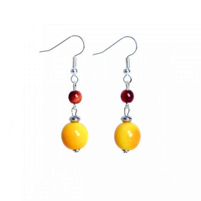 boucles d'oreilles fantaisie double perles tagua jaune et marron