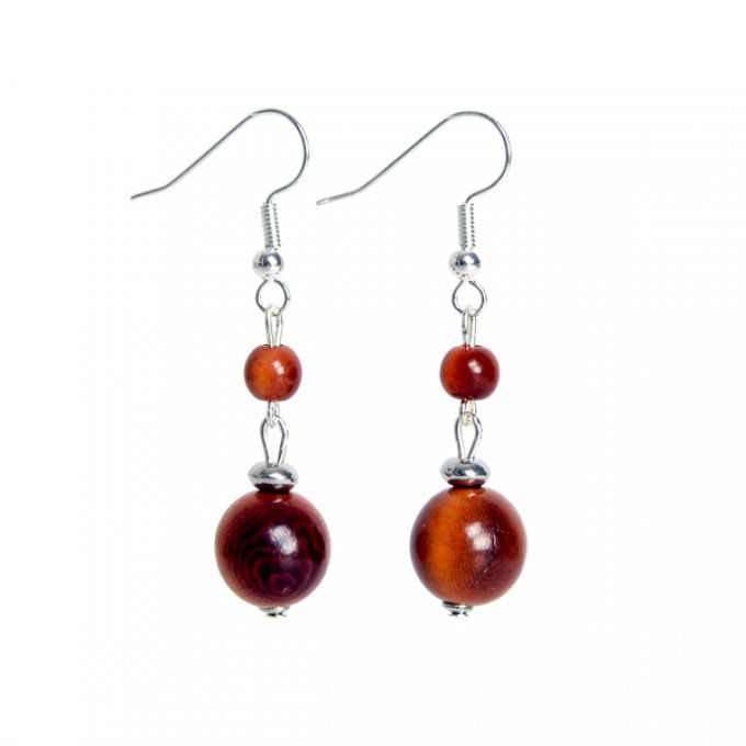 boucles d'oreilles chic double perles de tagua marron