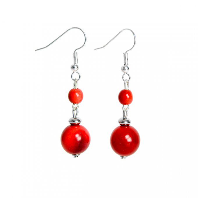 boucles d'oreilles duo perles naturelles en ivoire végétal rouge