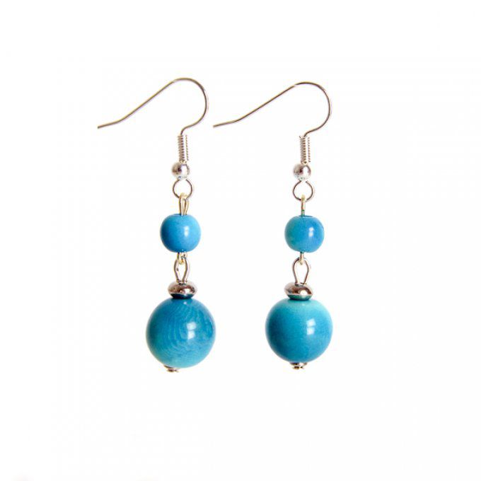 boucles d'oreilles ethnique perles naturelles de tagua turquoise