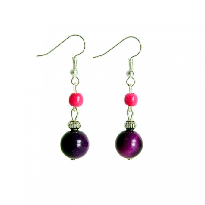 boucles d'oreilles duo de perles en ivoire végétal violet et rose