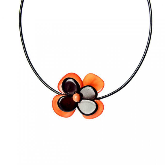 bijou fait-mains petite fleur de tagua marron orange