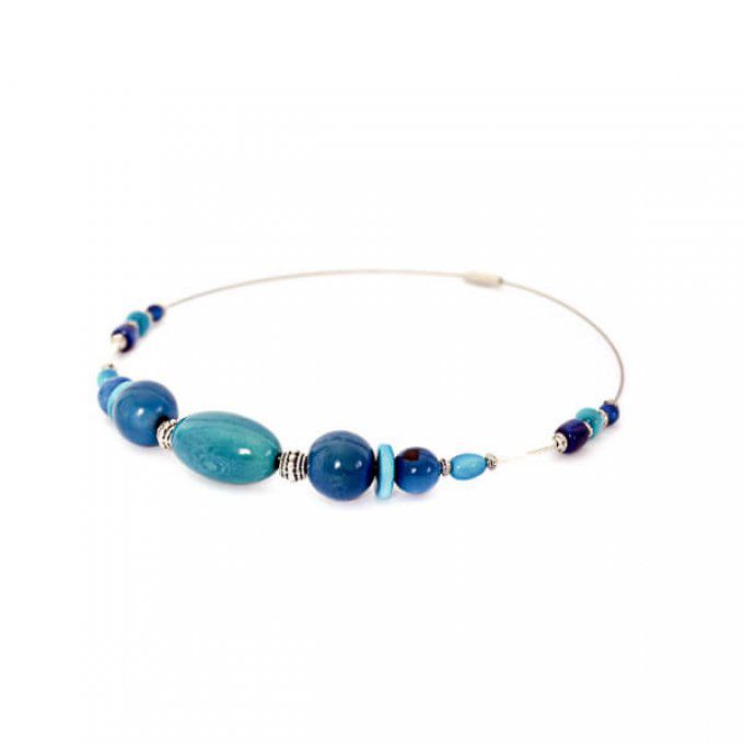 collier perles de tagua bleu et turquoise modèle ras du cou