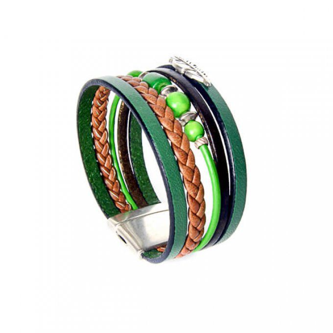 Bracelet magnétique cuir et perles couleur vert