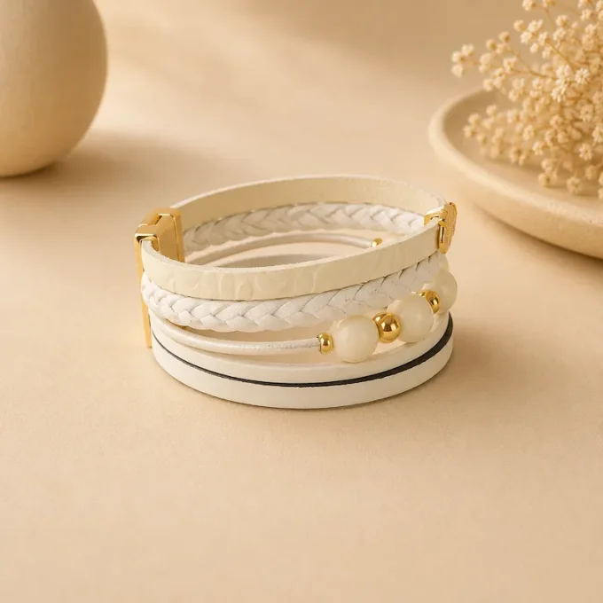 Bracelet cuir Multi-rang blanc & or