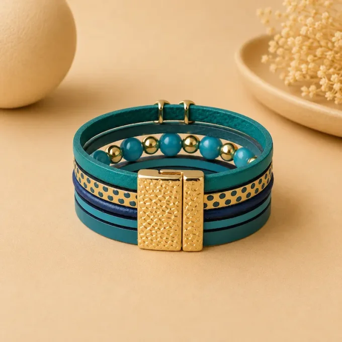 Bracelet cuir Multi-rang turquoise & or