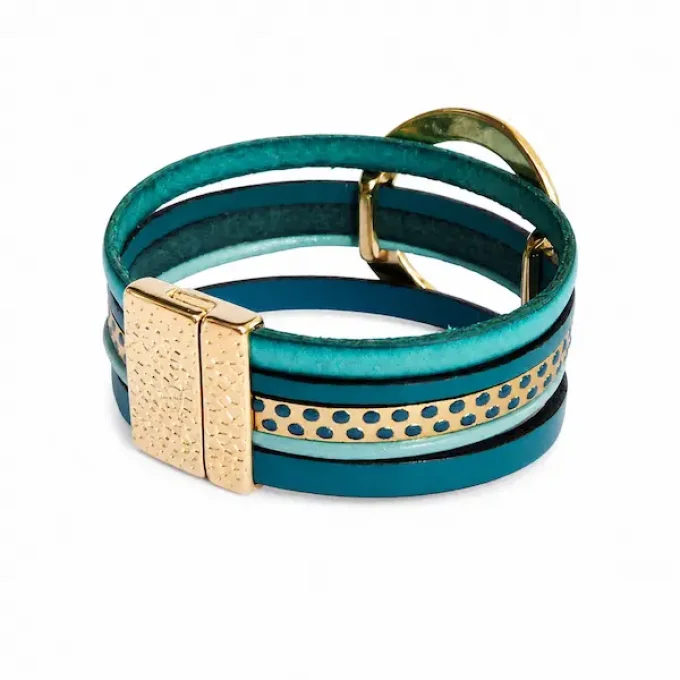 Bracelet NOMADE en cuir turquoise & or