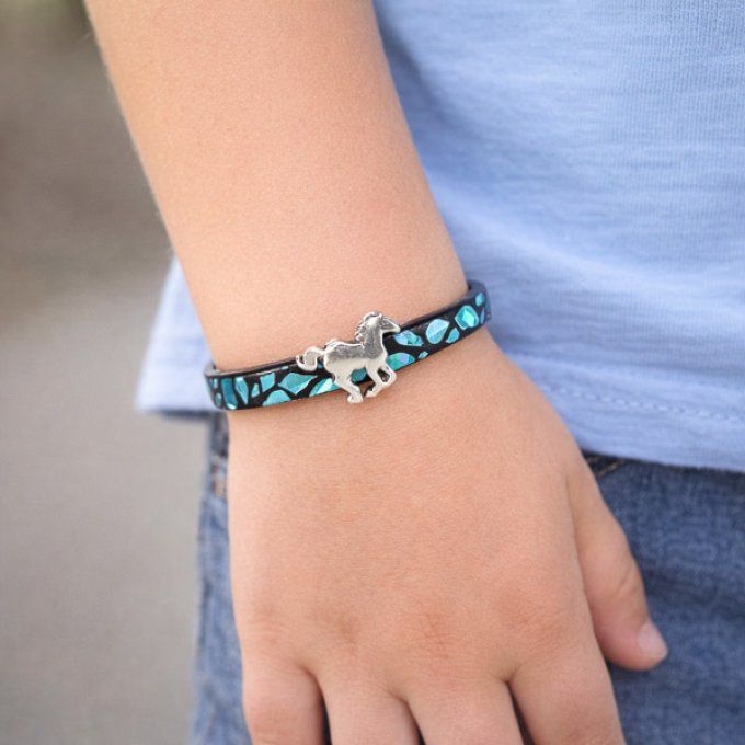 Bracelet CréaCuir Kids noir et bleu brillant