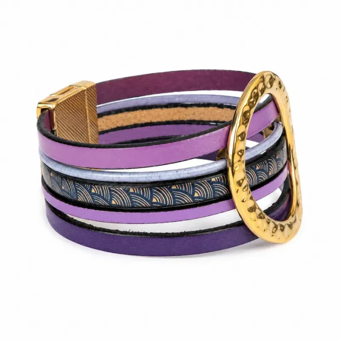 Bracelet NOMADE en cuir violet & or