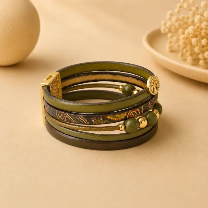Bracelet cuir Multi-rang kaki & or