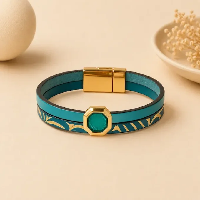 Bracelet cuir Charms Créatif bleu jean & or