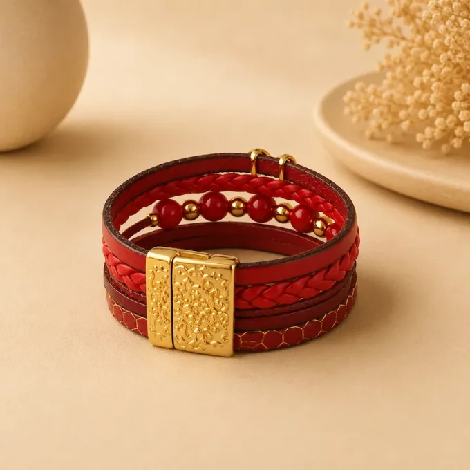 Bracelet cuir Multi-rang rouge & or