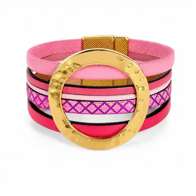 Bracelet NOMADE en cuir rose & or