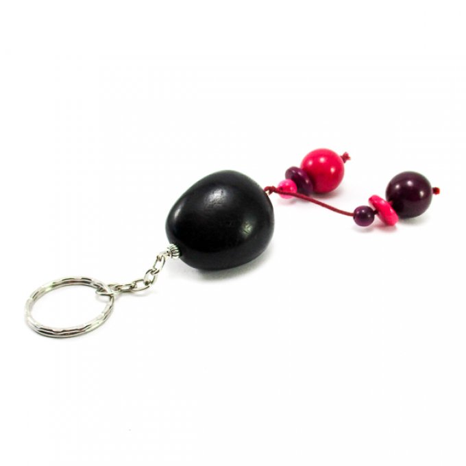 bijoux de sac avec pendentif en noix de tagua et perles ivoire végétal noir,violet et rose