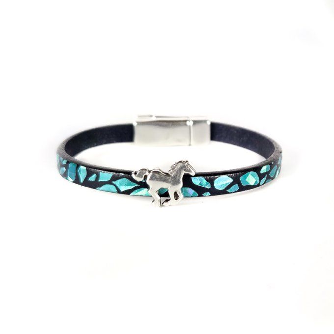 Bracelet CréaCuir Kids noir et bleu brillant