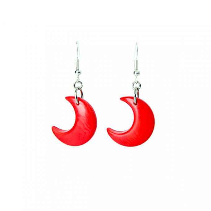 Boucles d'oreille forme lune en tagua rouge