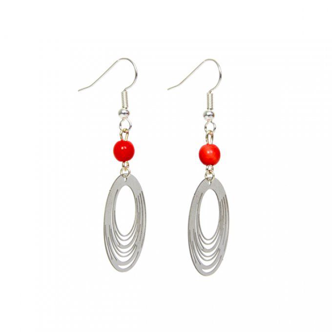 boucles d'oreilles rond argenté et perles rouges