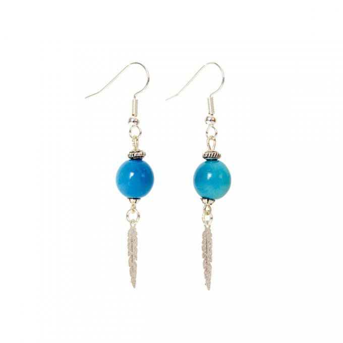 boucles d'oreilles chic plume argentée et perles en ivoire végétal  turquoise