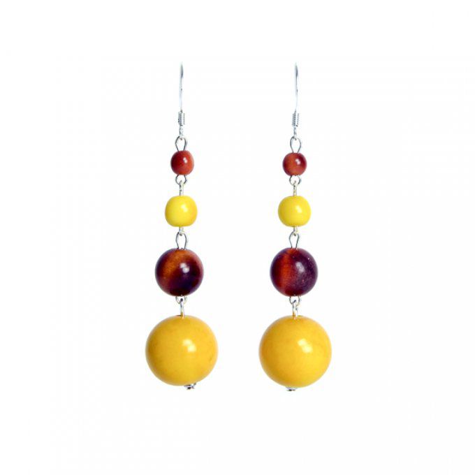 boucles d'oreilles chic perles pendantes en ivoire végétal jaune et marron