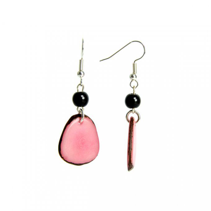 Boucles d'oreilles artisanales avec pétales et perles fines de tagua rose et noir