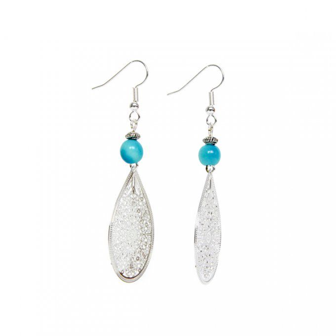 bijou d'oreilles chic goutte argentée et perles turquoises