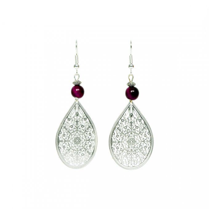 boucles d'oreilles chic argentée et perles de tagua violet