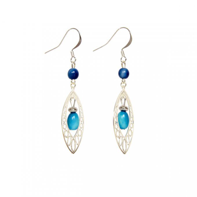 boucles d'oreilles pendante chic argentée et perles écologiques